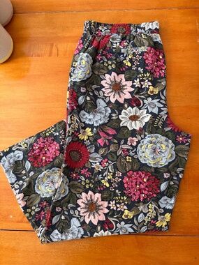 LOFT Floral Wide Leg Pants Large Rayon Drawstring Pull-On Pockets Cottagecore